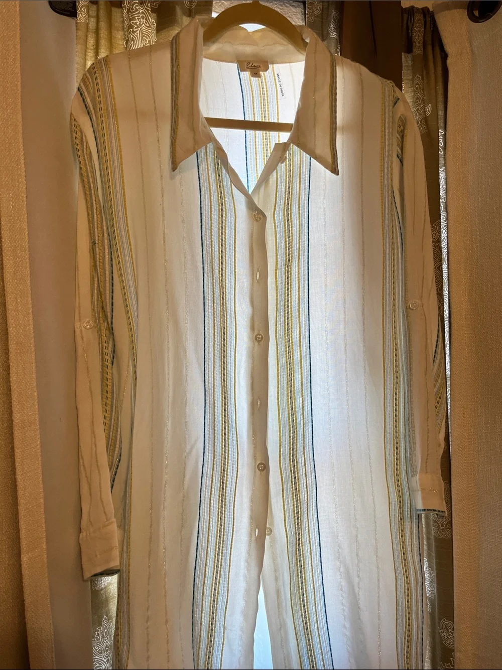 Elan White Stripe Button-Down Beach Cover Up with Aqua and Tan Accents